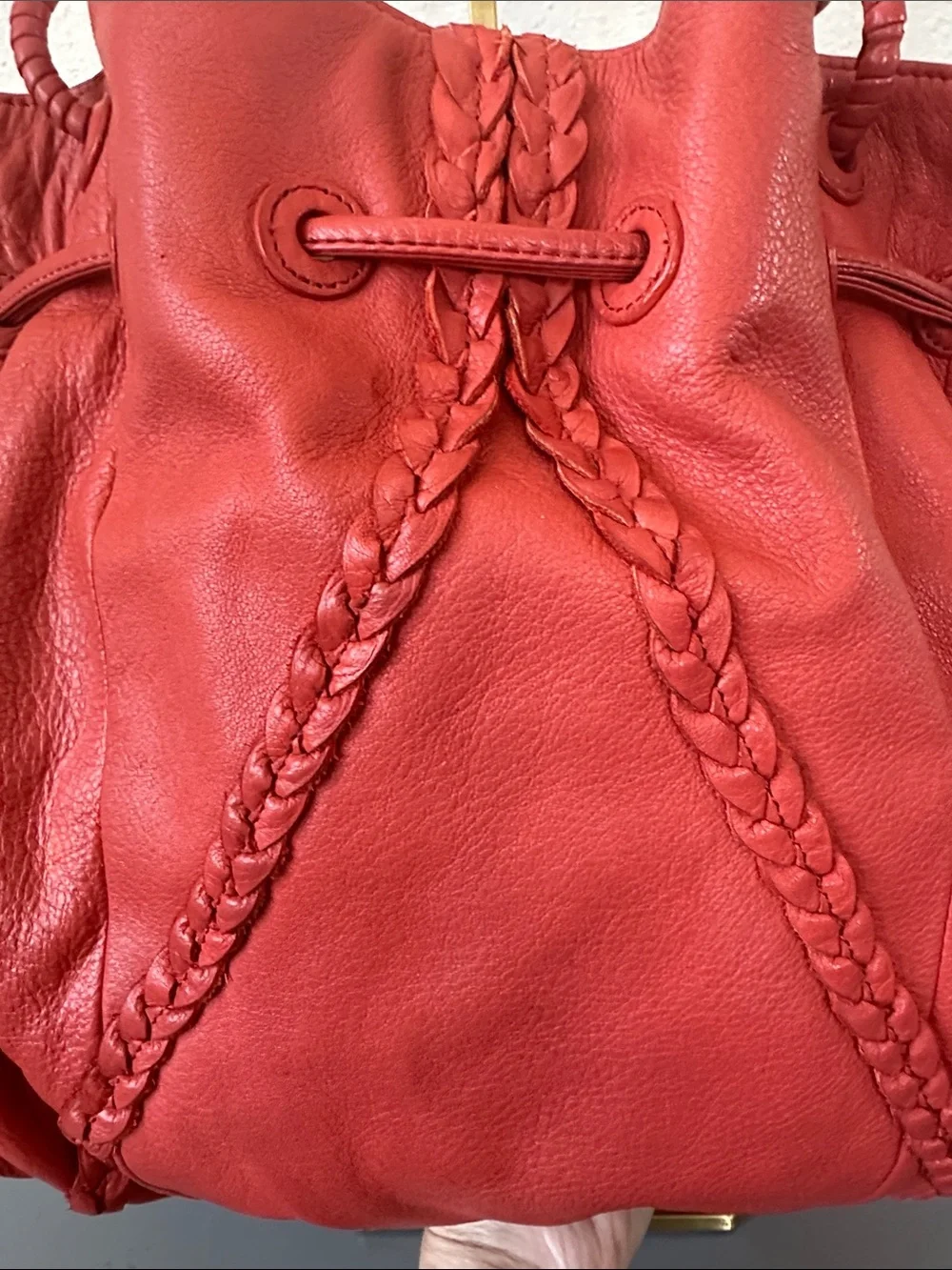 Fiore by Isabella Fiore, Deep coral/orange, 100% Leather Drawstring Tote w/ GHW
